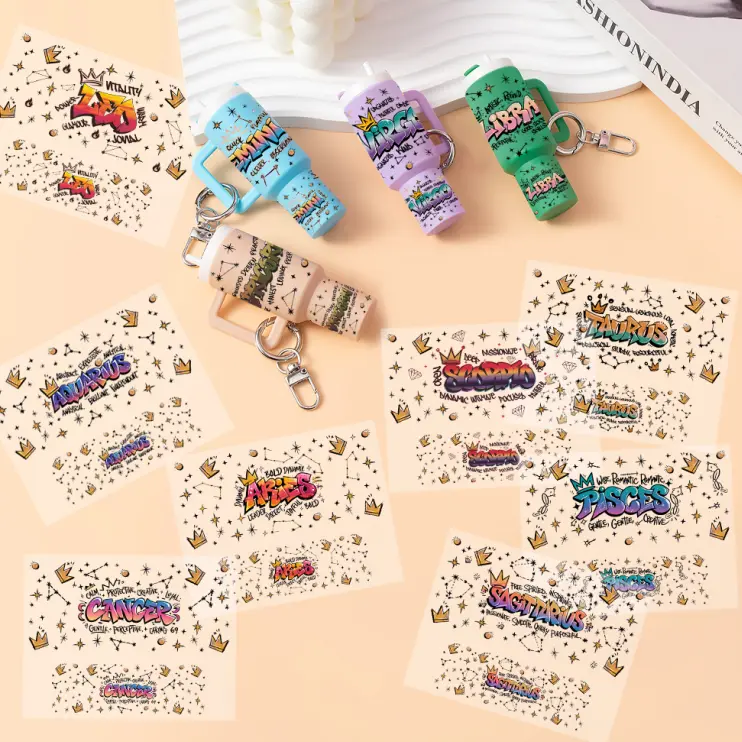 12pcs Zodiac Signs Sticker and 14pcs Mni Cup Keychain Set Can Used For Different Mini Tumbler Keychain DIY Wrap Craft summerwins Crafting Kit