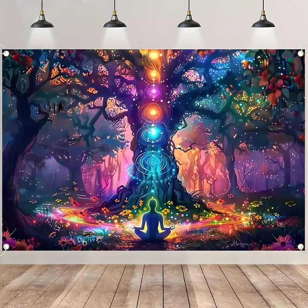 Mystical Chakra Tree of Life Backdrop Banner, Spiritual Yoga Meditation Decorations with 7 Chakras, Durable Polyester Fabric Wall Hanging, Wall Tapestries, Tapestry Room Decor, Reusable Easy to Clean, Meditation Room, Bedroom Decor, Decorative Tapestry