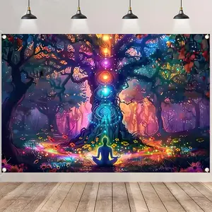 Mystical Chakra Tree of Life Backdrop Banner, Spiritual Yoga Meditation Decorations with 7 Chakras, Durable Polyester Fabric Wall Hanging, Wall Tapestries, Tapestry Room Decor, Reusable Easy to Clean, Meditation Room, Bedroom Decor