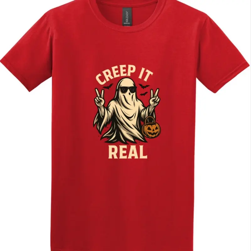 Creep it Real Tee - Red T-Shirt with Ghost Graphic and "Creep It Real" Text Design