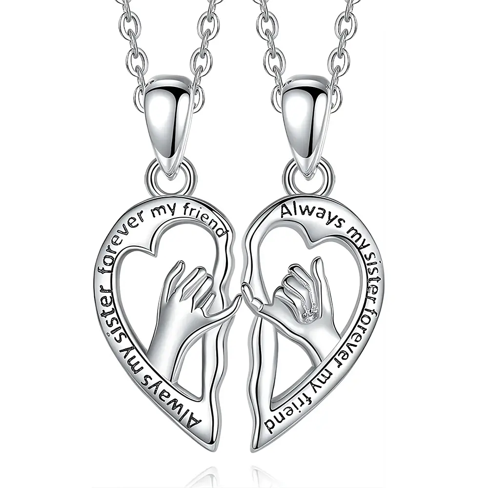 BFF Heart-shaped split-design two-piece necklace set, crafted as friendship jewelry for best friends.Silver hand-in-hand pendant necklace, a symbol of friendship. girl tiktokshopblackfriday cherries purse charm customizable name juma copper stylish warmer