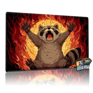 Cartoon Raccoon in Fiery Background MTG Playmat - 12x24inch Non-Slip TCG Playmat, Perfect for Card Game Enthusiasts, Family Gatherings & Gift