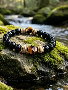Obsidian tiger's eye energy bracelet, natural stone bead bracelet, suitable for men to wear daily, symbolizing good luck.
