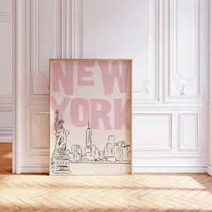 New York City Poster | Pink NYC Wall Art Print | Preppy Skyline Decor for Girly Dorm & Bedroom | Minimalist Travel Gift