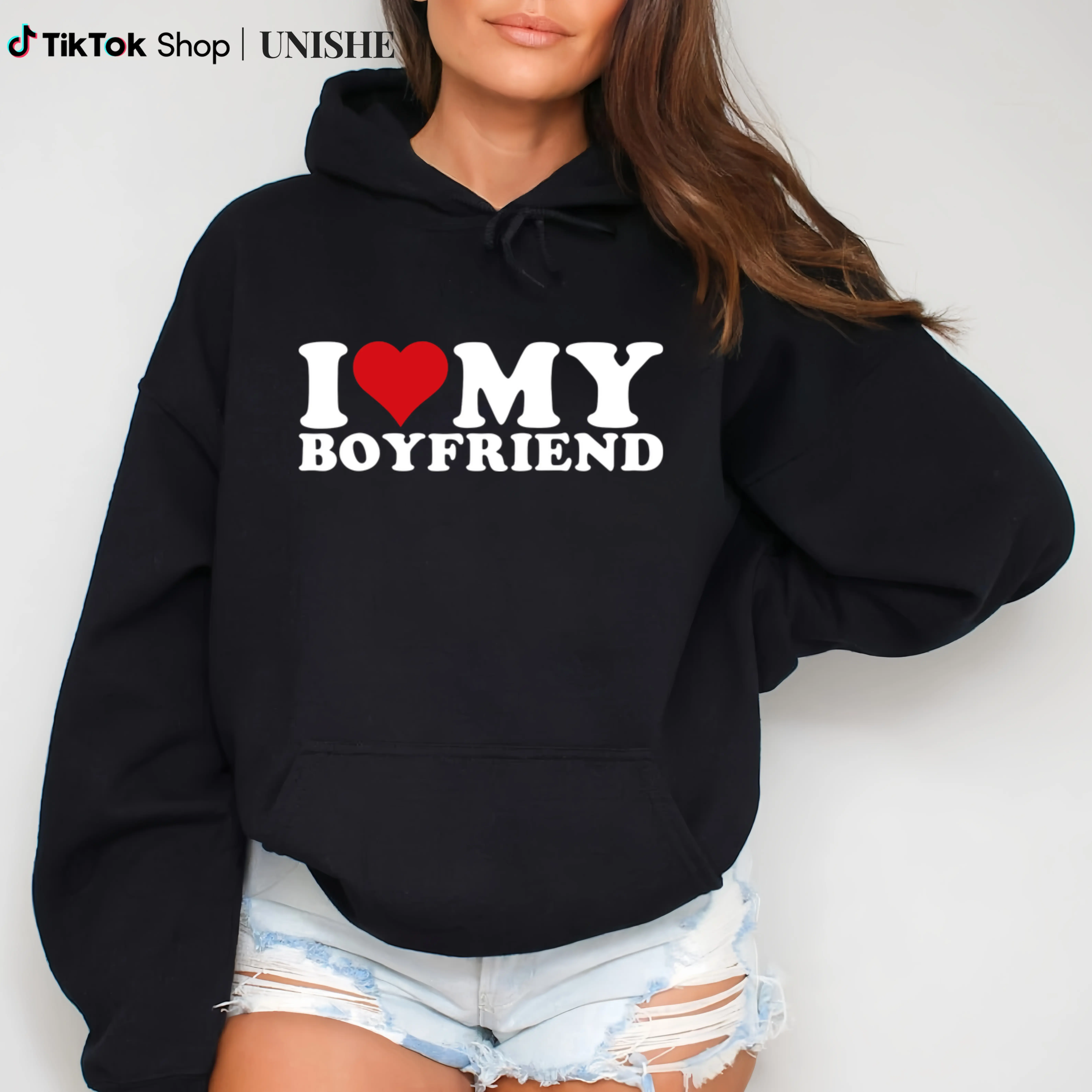 I Love My Boyfriend Heart Print Hoodie for Couples – Casual & Stylish Long Sleeve Fabric Womenswear Straight Sweatshirts