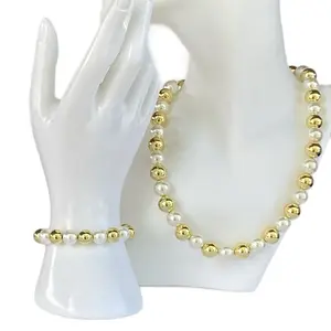 Gold Plated Beaded Necklace and Bracelet Set - Two Color Beads Fashion Jewelry Set for Women