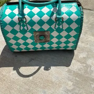 11 in Medium Speedy Checkered Speedy Bag with Teal and White Checkered Pattern and Teal Handles