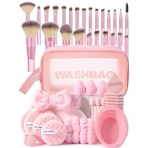51PCS All-in-One Beauty Essential: 25 Soft Anti-Bacterial Synthetic Fiber Makeup Brushes + Waterproof Large-Capacity Toiletry Bag + 3-Piece Waterproof Travel Organizer Set + Practical Detachable Cleaning Bowl + 21PCS Triangular & Oval Velvet Powder Puffs