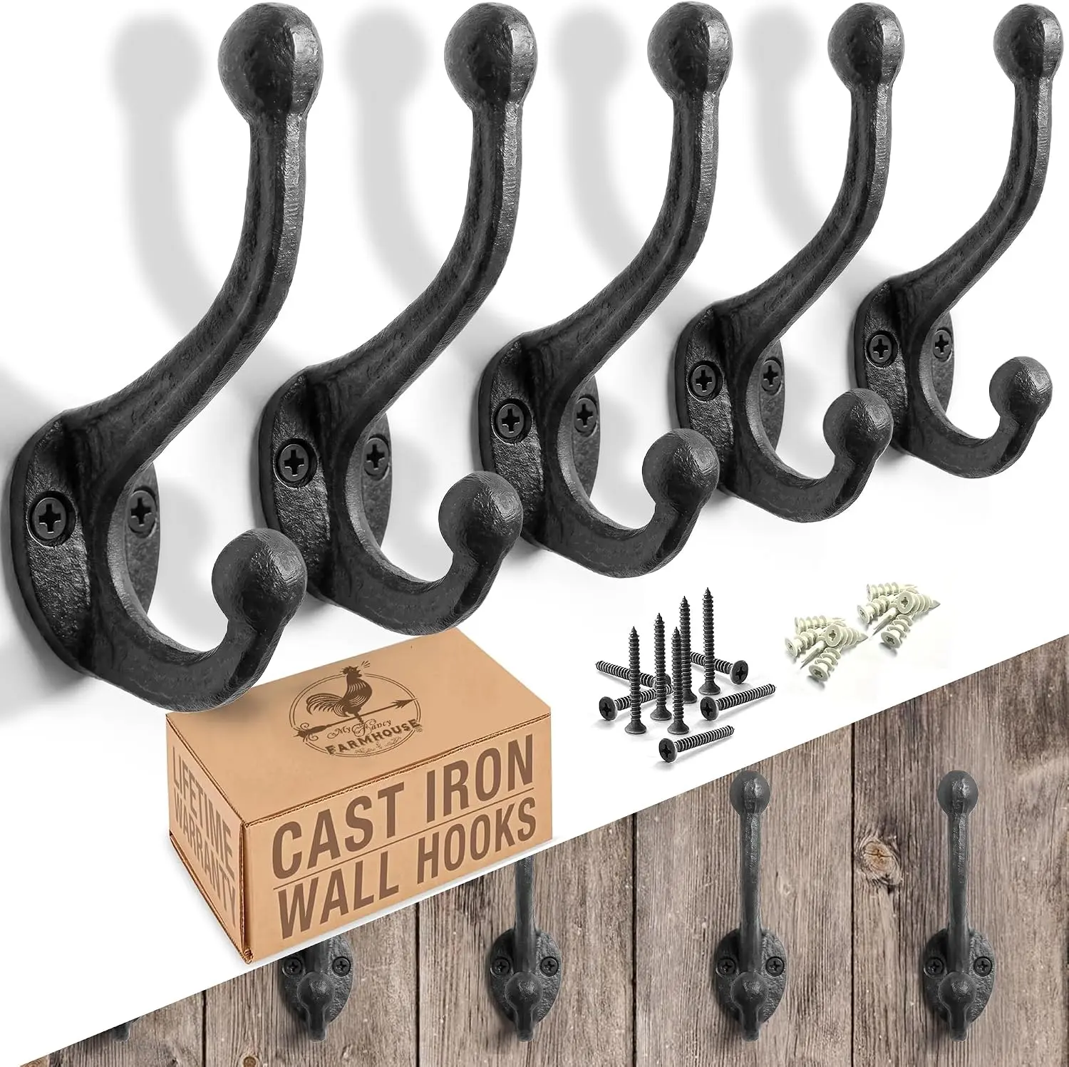 Rustic Cast Iron Coat Hooks (5 Pack) Wall Mounted Farmhouse Decorative Wall Hooks, Vintage Hooks for Hanging Coats, Bags, Hats, Towels (Antique Black, Includes Hardware)