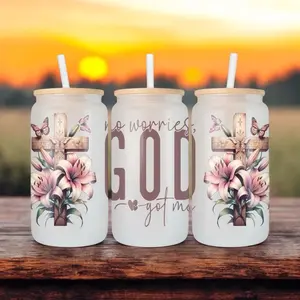 16oz Faith and God Frosted Glass Cup with Lid and Straw  Tumblers Drinkware Mug cups