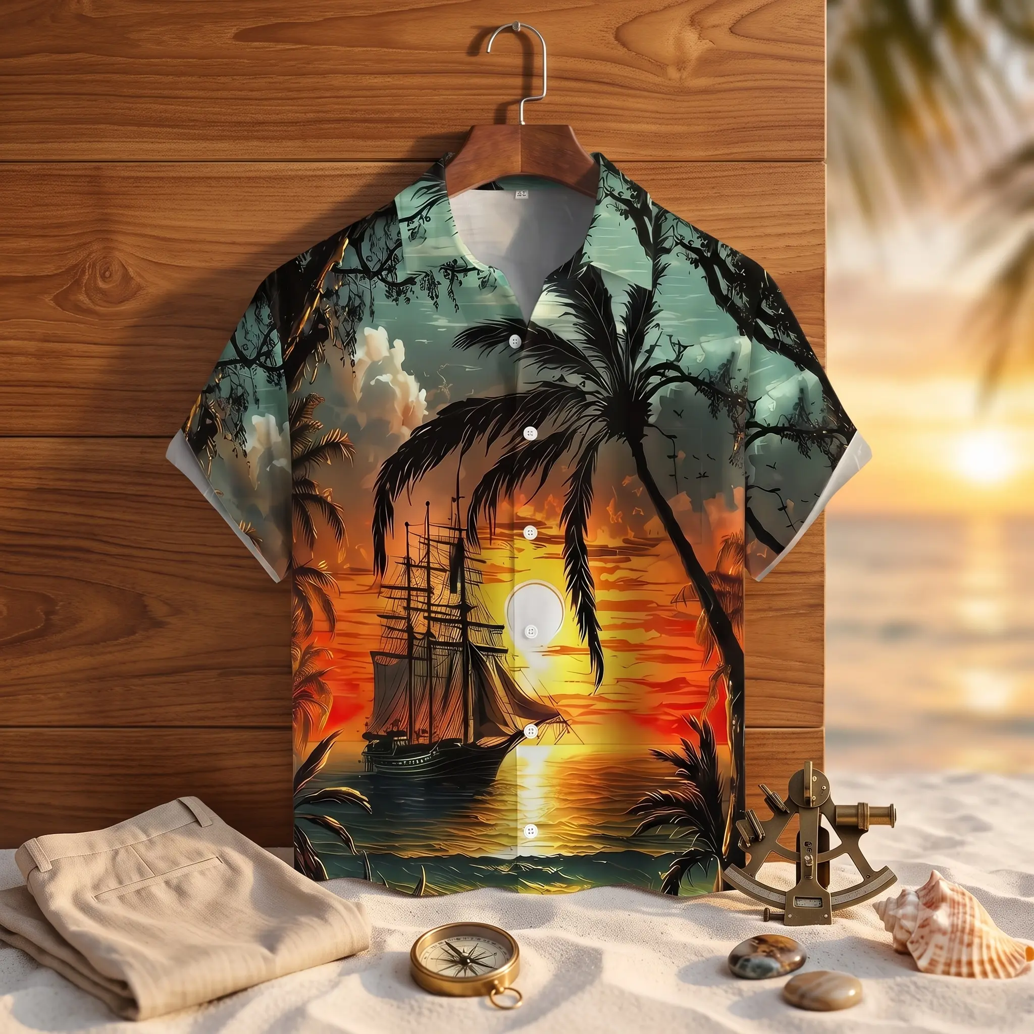 Men'S Plus-Size Short-Sleeve Shirt with a Sunset View Print, Tropical Sunset Sailing Ship Hawaiian Aloha Button Down Shirt for Beach Vacation, Cruise, Resort Wear & Luau Party