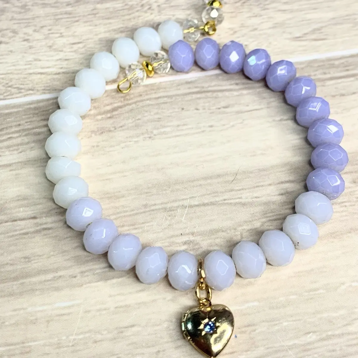 Fading Purple Bead Memory Wire Bracelet with Heart Charm and Beads