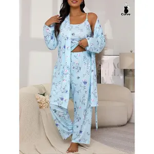 Floral Print Lounge Robe & Camisole Top & Pants Pajama Set, Casual Comfortable Loungewear Set for Women, Women’s Sleepwear for Spring & Fall, Soft Pajamas
