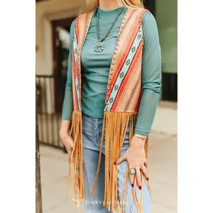 Women's Fringed Western Statement Vest - Graphic Print, Striped, Lightweight Spandex, Tan & Turquoise, Cowgirl Casual 1-Piece Everyday Top (Fringed, Western), Fringed Vests, Turquoise Western Vests