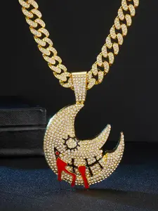 Rhinestone Decorated Bling Moon Pendant Necklace, Punk Style Cuban Link Chain Necklace for Party, Daily Decor, Trendy All-match & Exquisite Jewelry for Birthday Gift, Fashion Modern Accessories