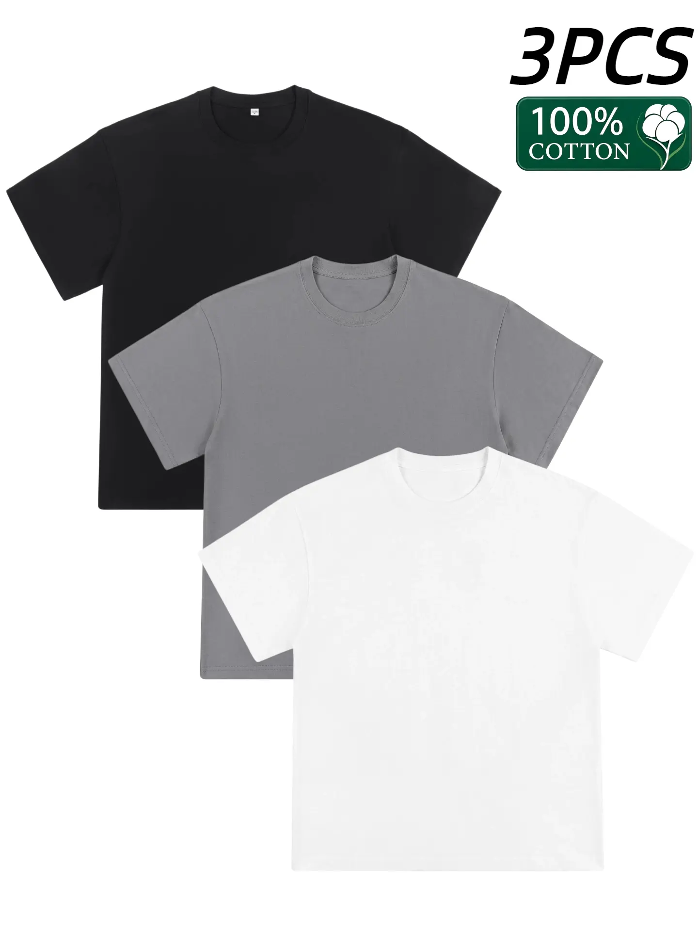 Men's 100% Cotton T-Shirts 3 Pack, 230GSM Heavyweight Crew Neck, Plain Fitted Short Sleeve Streetwear Tops, Machine Washable, Basic Tee, Plain Solids, Casual, Solid Colors, Round Neck, Tshirt, Fabric