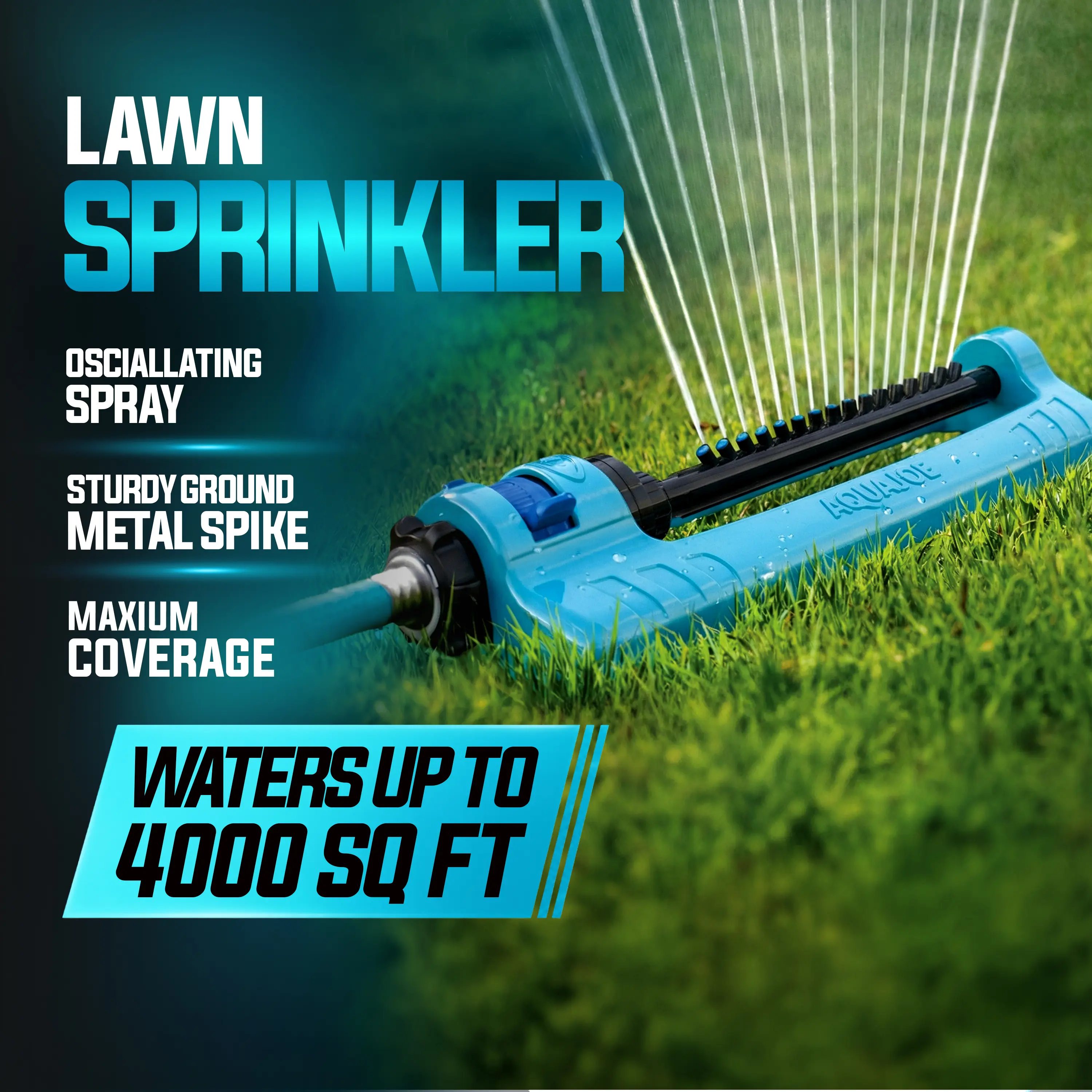 Aqua Joe Automatic Oscillating Lawn Sprinkler with Metal Ground Spike - Adjustable Spray Position, 3,400 Sq Ft Max Coverage for Lawn and Garden Watering Needs, Oscillating Lawn Sprinklers Adjustable, Automatic Oscillating Sprinkler