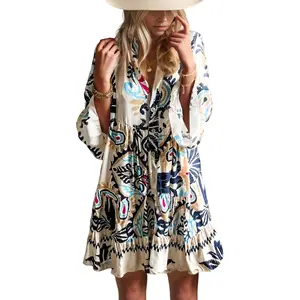 Summer Dresses for Women 2026 Flowy Ruffle 3/4 Sleeve V Neck Tiered Casual Babydoll Boho Beach Mini Dress 6118388
