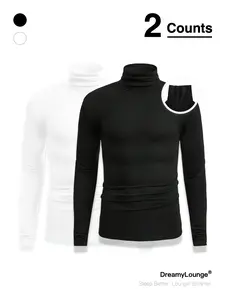 Men's High Neck Long Sleeve Shirt Set, Casual Fitted Homewear, Simple Style, Perfect Inner Layer, Matches Various Outerwear