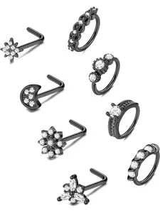 8PCS 20G Nose Rings 316L Surgical Steel L Shaped Nose Studs CZ Nose Ring Hoop Snowflake Big Flower Nose Piercing Jewelry for Women Men,Black