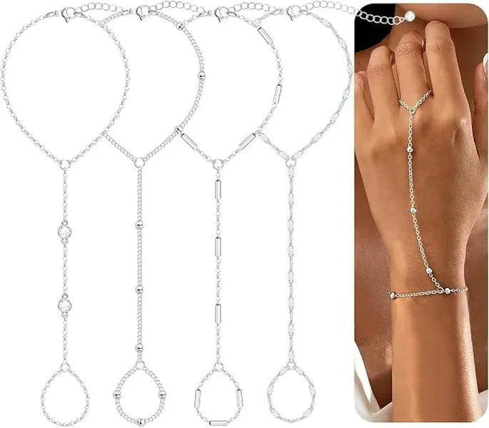 4PCS Sliver Hand Chain Bracelets for Women, 14K Sliver Plated Ring Bracelet Hand Chain Set, Dainty Stackable Finger Bracelets Jewelry Gifts