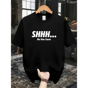 Men'S Casual Short Sleeve T-Shirt - Regular Fit Round Neck, Vibrant Green with White "SHHH... No One Cares" Print, Lightweight Summer Outdoor & Casual Attire, Machine Washable