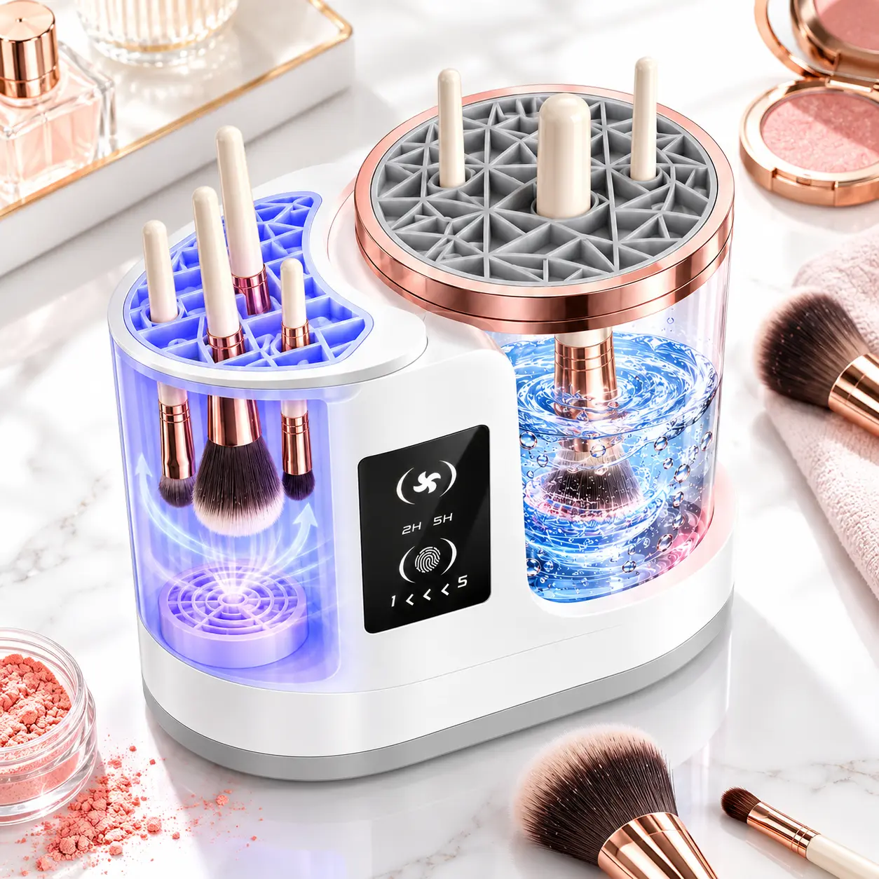 3-in-1 Electric Cosmetic Brush Cleaner and Dryer - Automatic Makeup Brush Washer with Dual-Direction Cleaning, Adjustable Drying, Space-Saving Organizer for Beauty Lovers, Vanity Countertops (Party Supplies Gift)