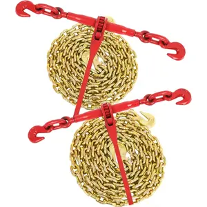 5/16" - 3/8" Ratchet Load Binder(2) 5400lbs with G80 5/16'' X 10FT Binder Chain(2) 4900 lbs, with Grappling Hook, Ratchet Chain Binder Set for Tie Down Heavy Loads to a  or Flatbed Trailer(2 set)