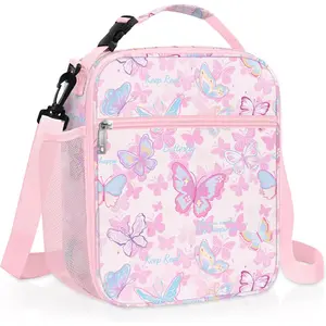 F-LBK18 Pink Insulated Kids Lunch Bag Large Thermal Cooler Bag for Girl Picnic School Lunch Box Tote,Colorful Butterfly
