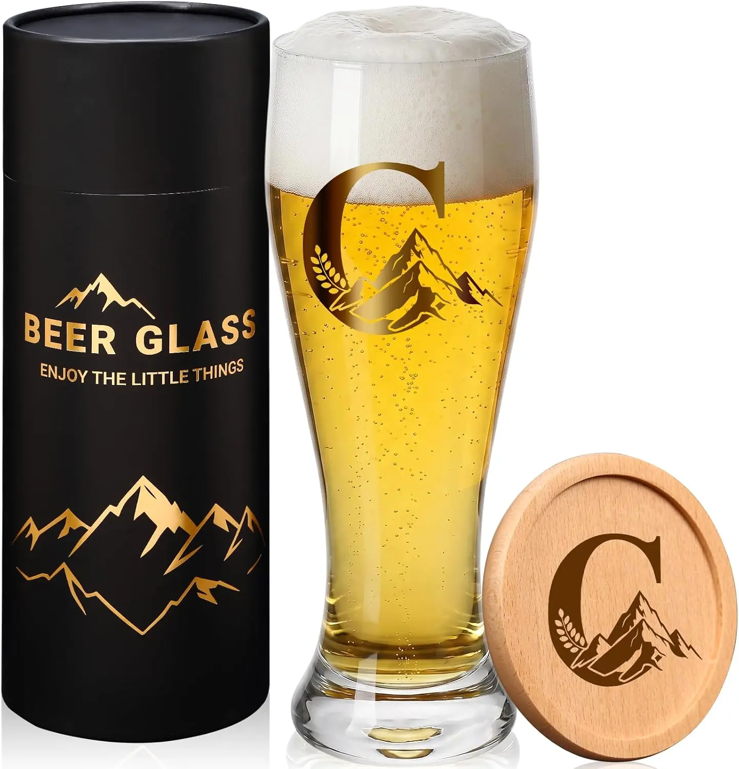 Personalized Mountain Motif Monogram Beer Glass Set - Sturdy Thick Glass, Stylish Modern Shape, Custom Engraved, Steady Grip, Premium Gold Print, Printed Wooden Coasters, Black Cylindrical Gift Tube, Hand Wash, Ideal for Him Dad Retirement Gifts (Adults)