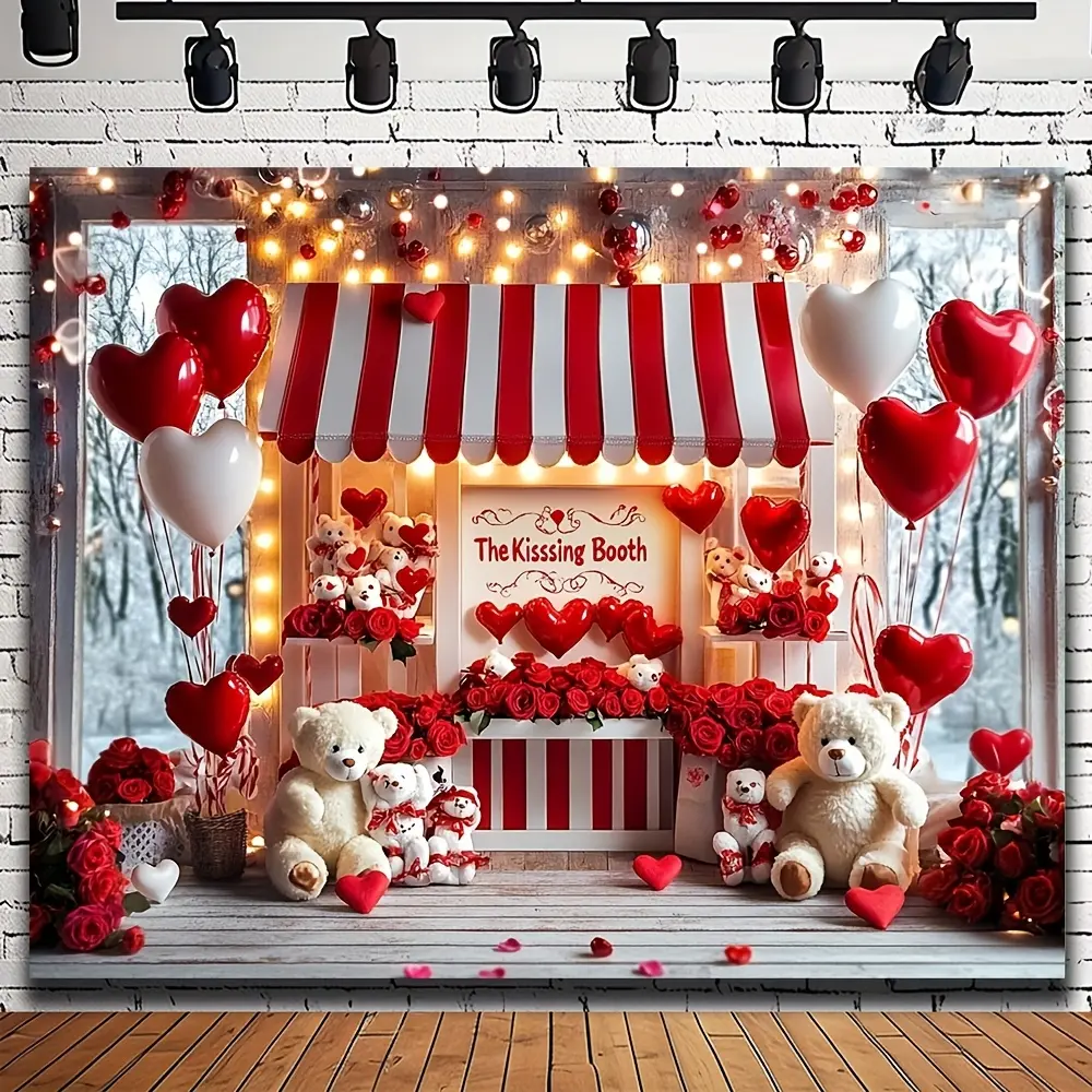 Valentine's Day Kissing Pavilion Background, Cute Teddy Bear Hearts, Romantic Decorations, Photography Props for Parties, Weddings, Events