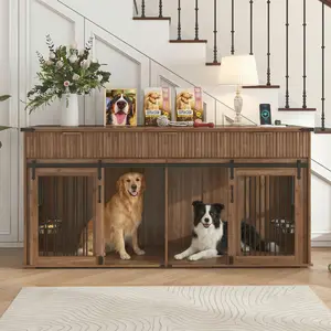 Durable Double Dog Crate Furniture,71'' Furniture Style Double Dog Crate with 3 Fluted Drawers and Waterproof Walnut Woodgrain Tabletop,Large Dog Kennel Furniture with Type-C Power Outlet & Rotating Feeders for Heavy Duty Dogs(Walnut)