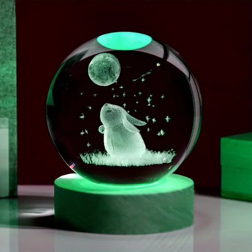 1pc Colorful 3D Carved Rabbit Moon Crystal Ball Ornament - Light-Up Lamp, Small Size Room Decor, Home Living Room Night Light, Unique Mom Gift for Valentine's Day, Collectibles