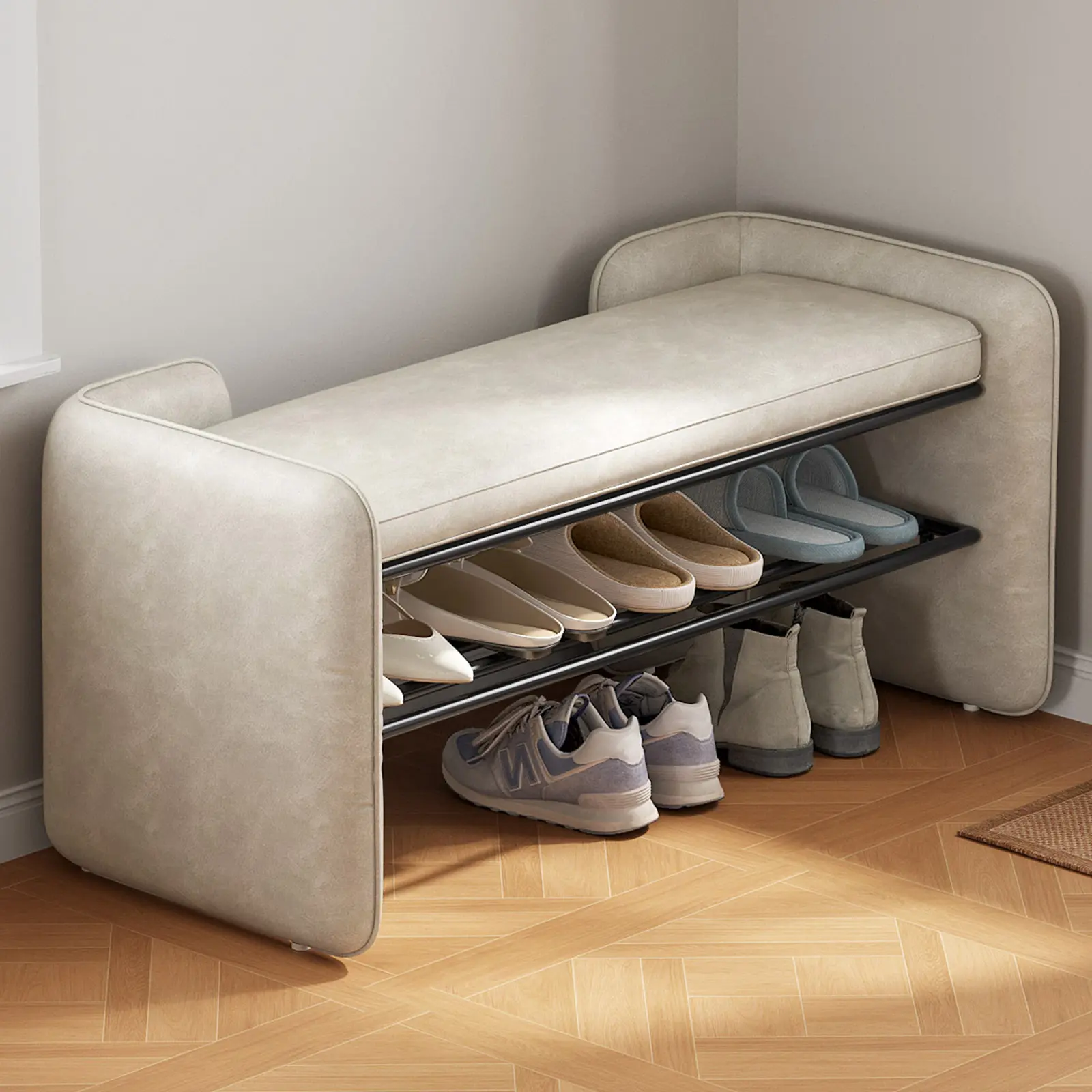 Guyii 47" Fabric Upholstered Entryway Shoe Storage Bench with Cushion, 1-Tier Shelf, Upholstered Stool for Mudroom, Hallway, Moisture-Resistant Materials, Easy Assembly, Assembly Required for Everyday Home Use