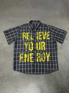 Men's Relieve Energy Short Sleeve Shirt | Retro Plaid Pattern | Bold Yellow Typography | Relaxed Loose Fit | Ideal for Streetwear, Festivals & Daily Wear | Must-Have Edgy Summer Wardrobe Piece