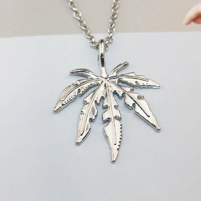 Women's Fashion Costume Jewelry Long Daily Pendant Necklace - Casting Metal Maple Leaf-Hemp Leaf Charm, Gunmetal Hippie Style Magnet-Free Gift Accessory