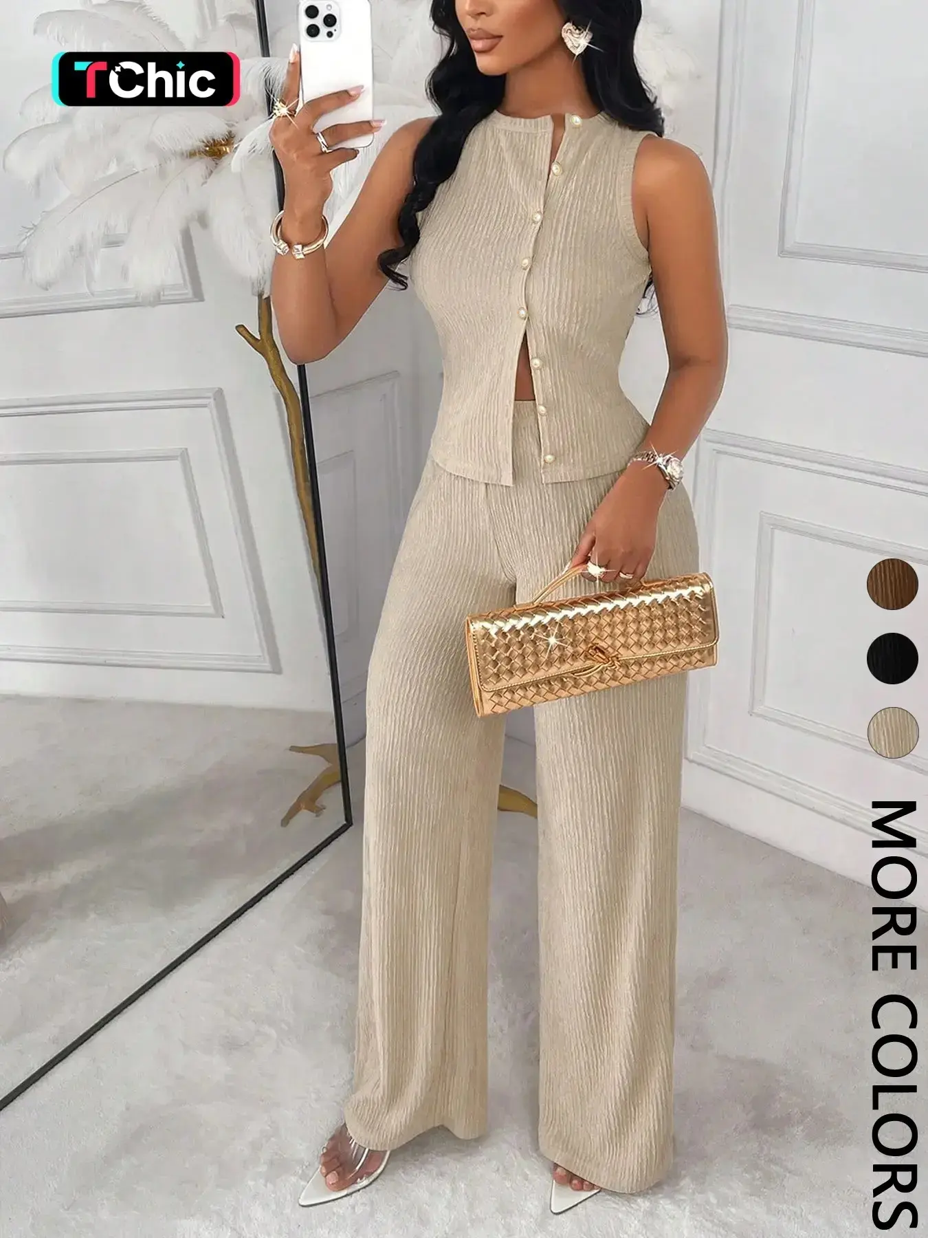 2-Piece Women's Textured Matching Set Suits, Sleeveless Crew Neck Button-Front Top + Wide-Leg Pants, Solid Beige Design, Chic Sophisticated Style Clothes