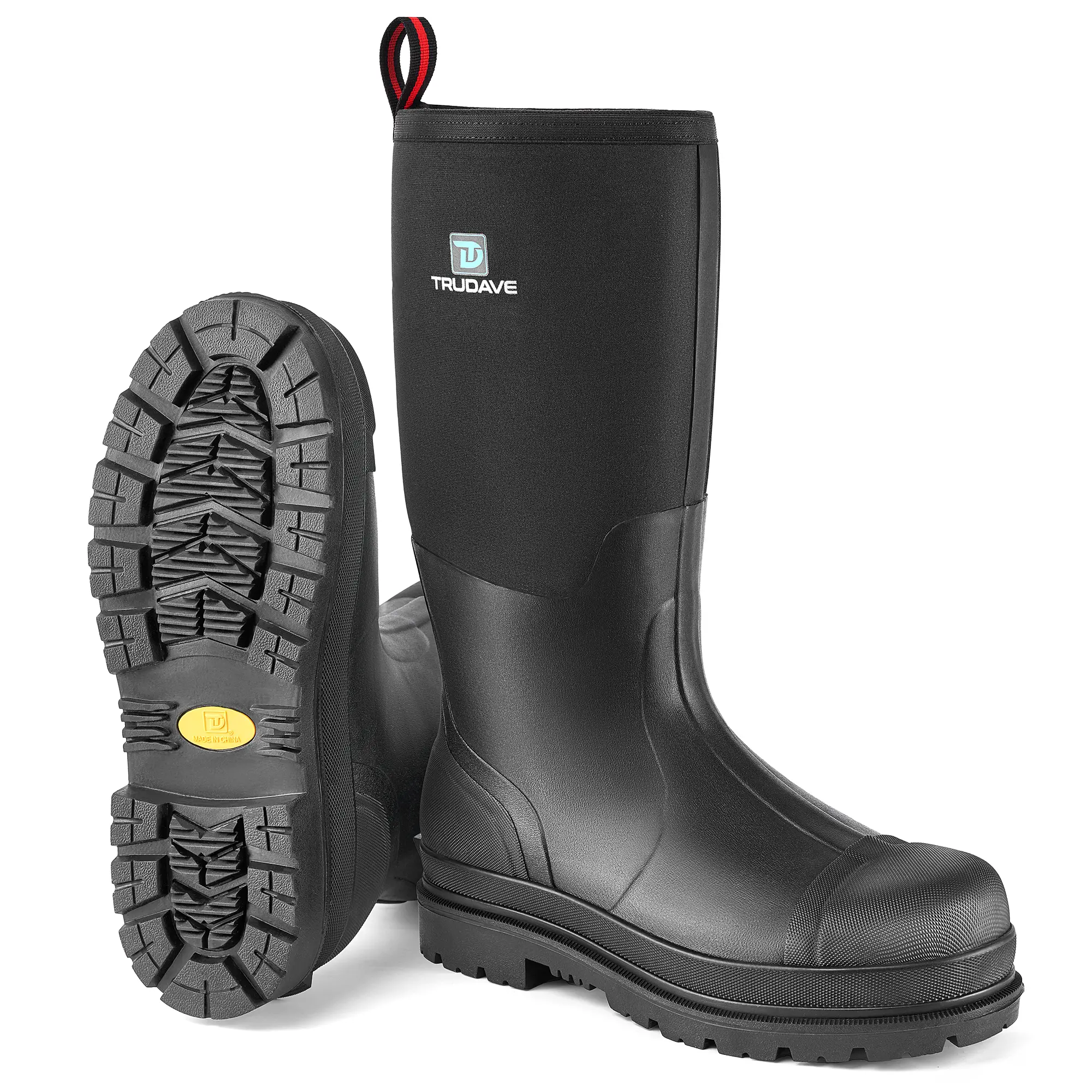 【No steel toe】Trudave Rubber Boots for Men with Steel Shank, Waterproof Rain Boots, Warm 6mm Neoprene Anti Slip Work Boots Comfortable Shoe Black Rainproof Rainy Season