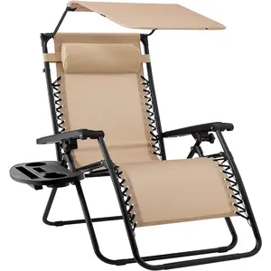 Folding Zero Gravity Outdoor Recliner Patio Lounge Chair w\/Adjustable Canopy Shade, Headrest, Side Accessory Tray, Textilene Mesh - Beige