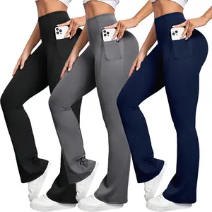 Womens Flare Leggings with Pockets High Waist Tummy Control Yoga Pants for Sports & Casual Wear Gymclothes Long Length Polyester Elastane