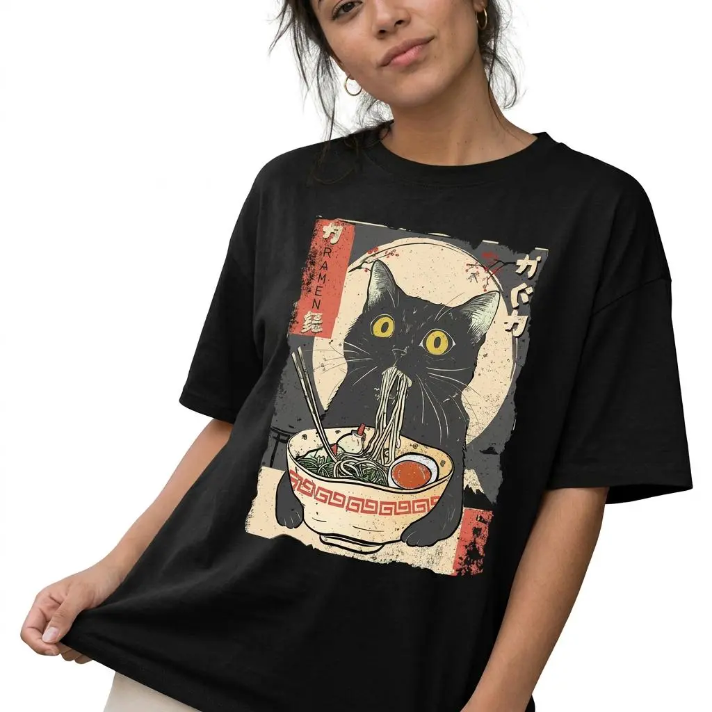 Black Cat Ramen Shirt Women Kawaii Japanese Graphic Tee Plus Size