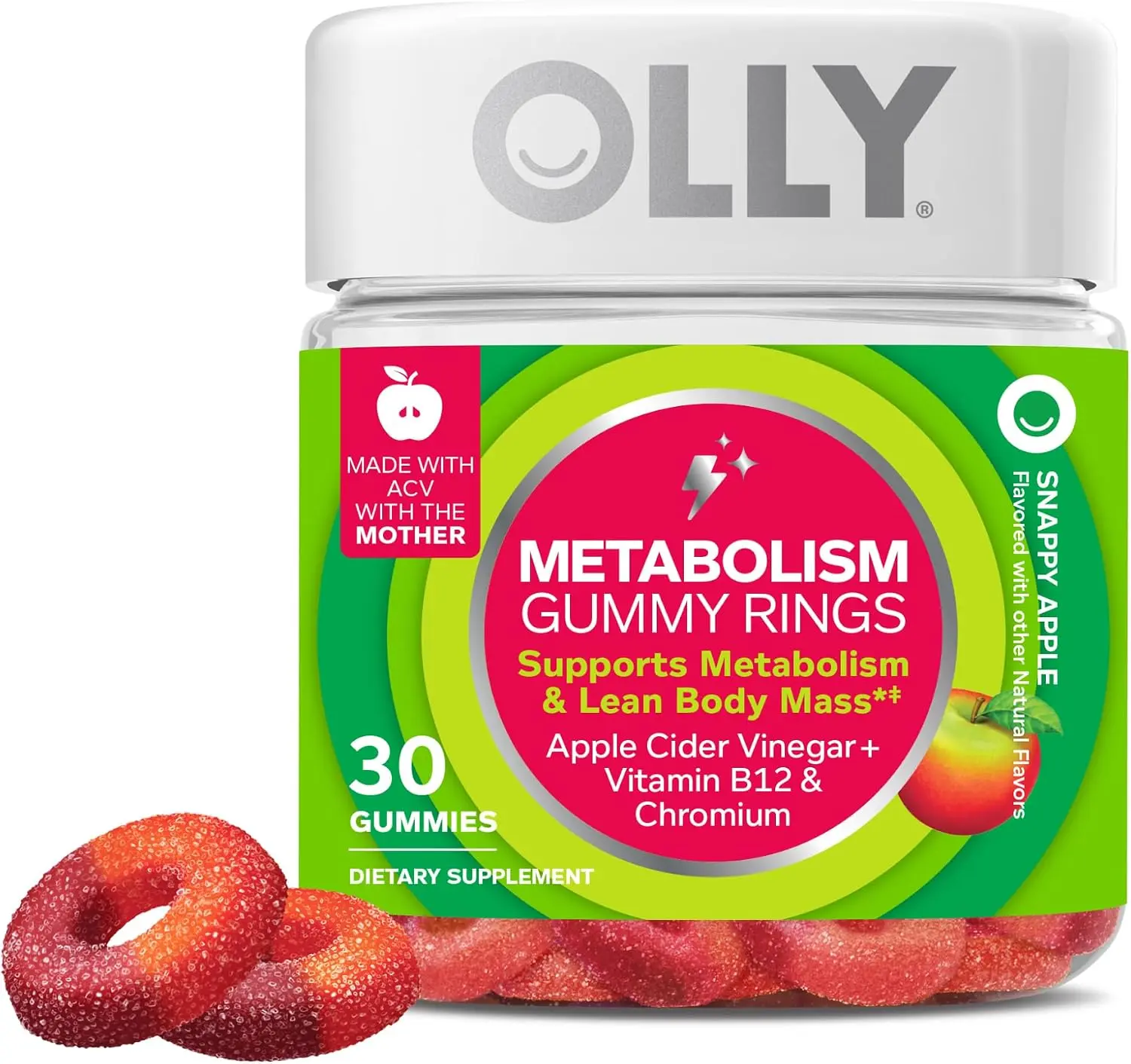 OLLY Metabolism Gummy Rings, Cellular Energy Supplement,* ACV - 30 Count