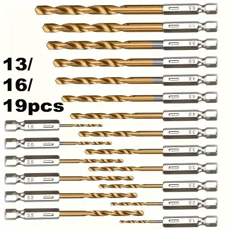 Titanium Coated High Speed Steel Drill Set, Hex-shank Drill Bit Set, Quick Change Drill Bit Set for Wood, Soft Metals and Plastics