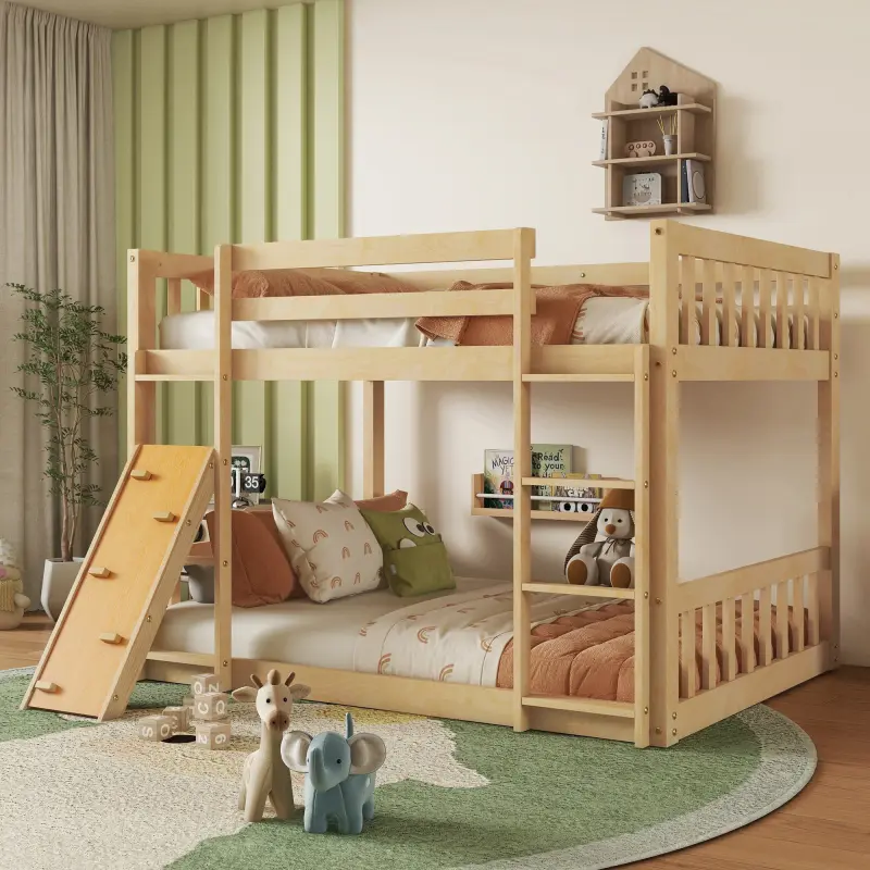 Twin Over Twin Low Bunk Bed, Playhouse Floor Bunk Bed Wood Frame with Climbing Ramp, Ladder, Safety Guardrails, for Kids Girls Boys