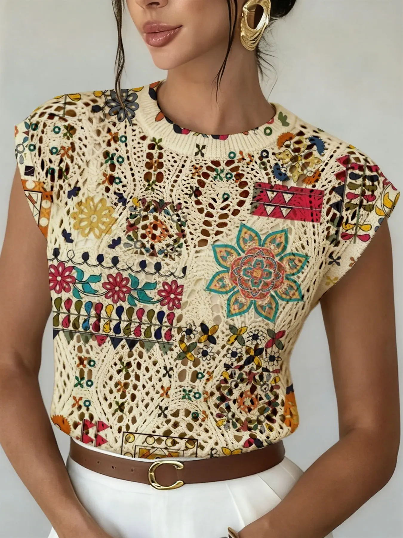 Women's Boho Chic Ethnic Patchwork Geometric Floral Print Round Neck Sweater, Casual Loose-Fitting Knit Top, Breathable Summer Fashion Knitwear