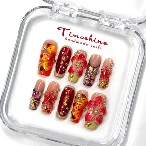 Timoshine | TROPICAL HIBISCUS 10PCS Handmade Press On Nails REUSABLE 3D Gel fake nails acrylic press nails