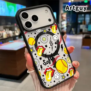 Magnetic Phone Case for iPhone 17 Pro Max 16 Plus 15 14 13 12 11 Air E Softball Pop Art Pattern Transparent Acrylic Four Corner Shock-absorbing Airbag Hard Cover