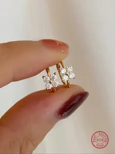 925 Sterling Silver Flower Shaped Rhinestones Decor Hoop Earrings, High Quality Earrings, Fashion Jewelry for Women & Girls, Casual Jewelry for Party, Trendy All-match & Exquisite Jewelry for Gift