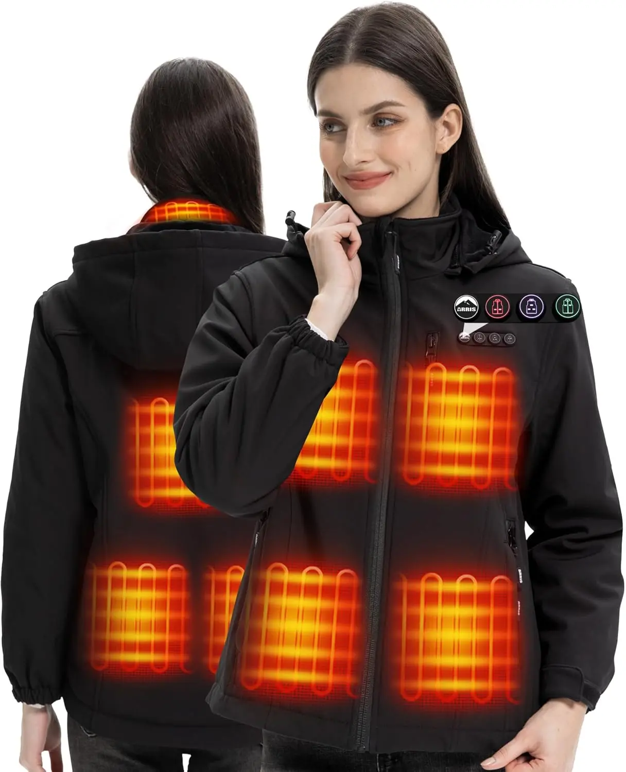 ARRIS Women’s Heated Jacket Waterproof with Detachable Hood & 8 Adjustable Heating Zones  warm winter Fleece Lining