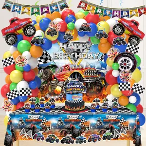 Monster truck birthday decorations machines jam party decoration supplies include truck balloons arch tablecloth backdrop cake cupcake toppers hanging swirls flags truck birthday decor for boys